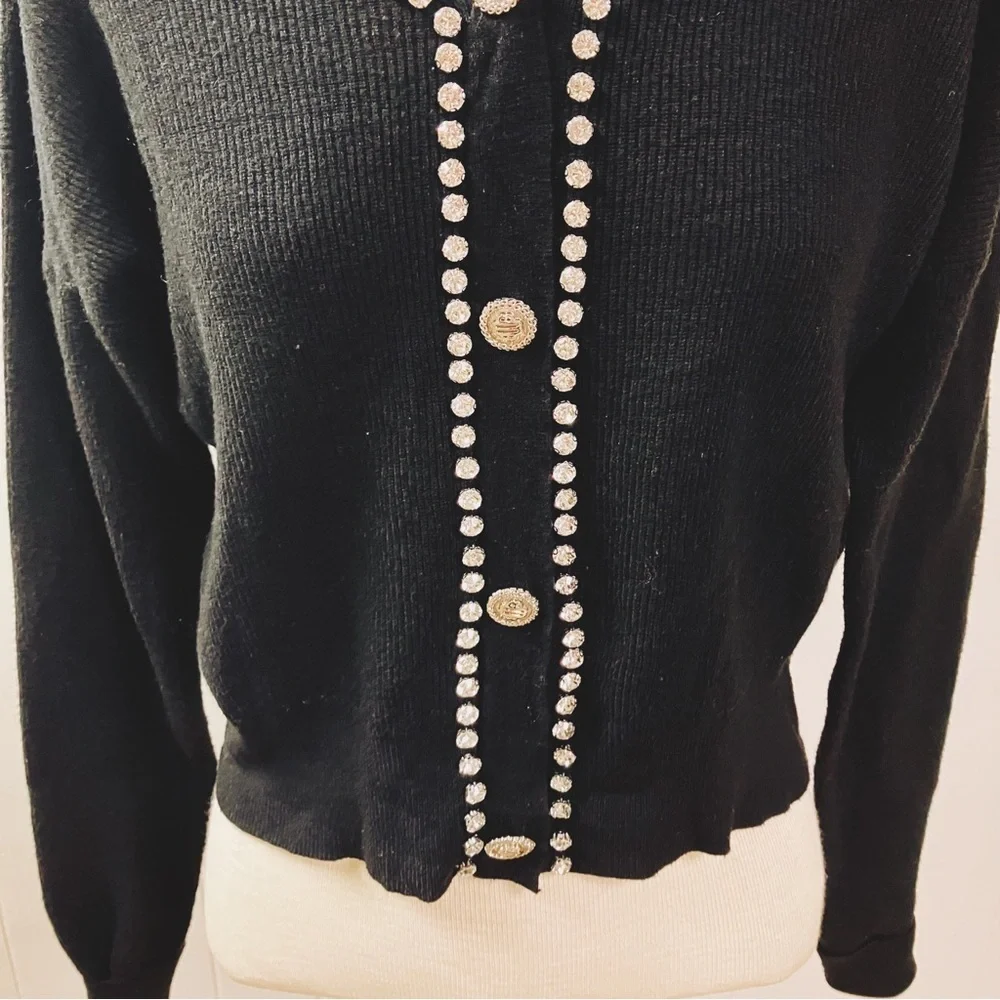 Vtg Y2k Holiday LIV MILANO Rhinestone Ribbed Faux Cardigan Sweater Small Black